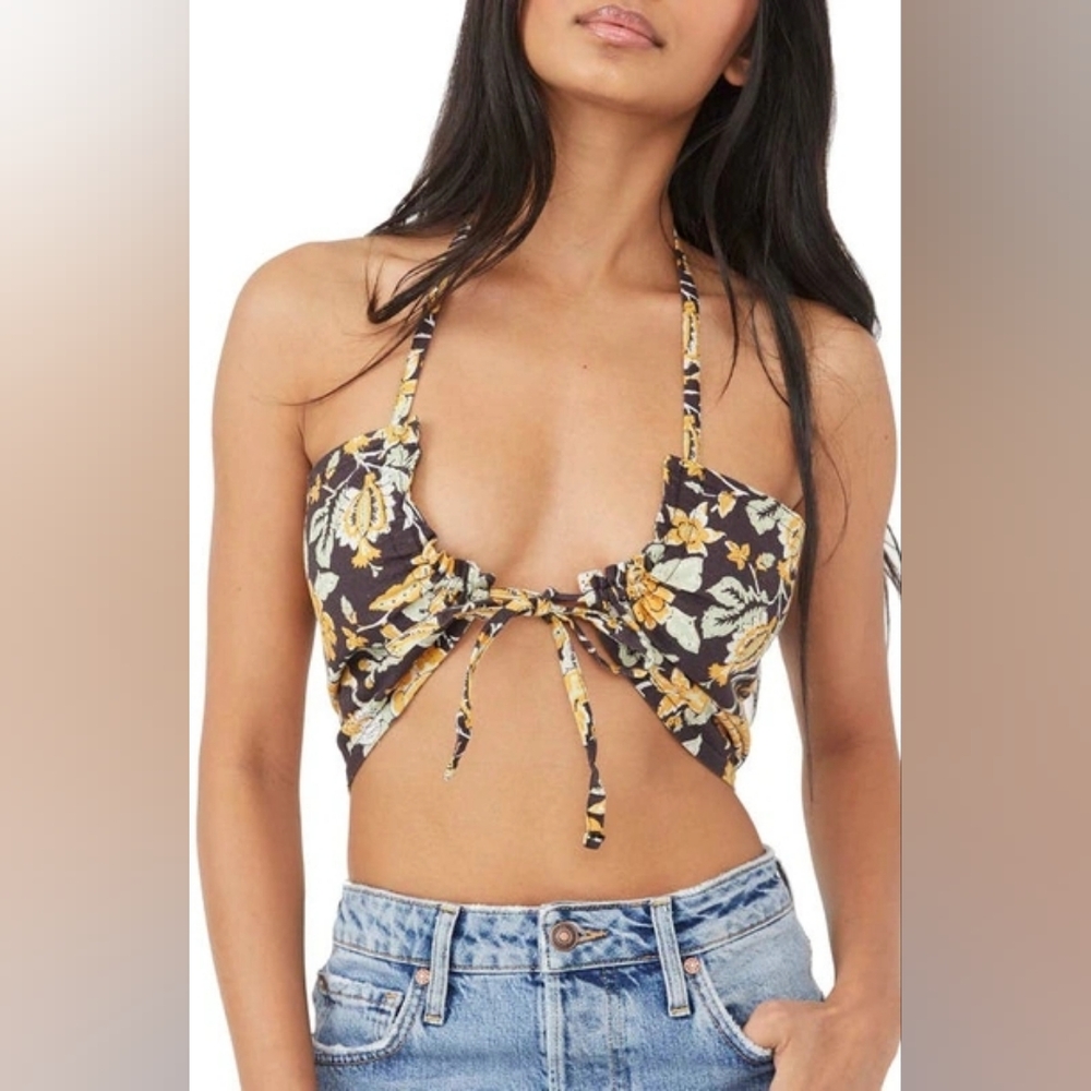 Free People Floral Tie-Front Halter Crop Top in Brown and Yellow